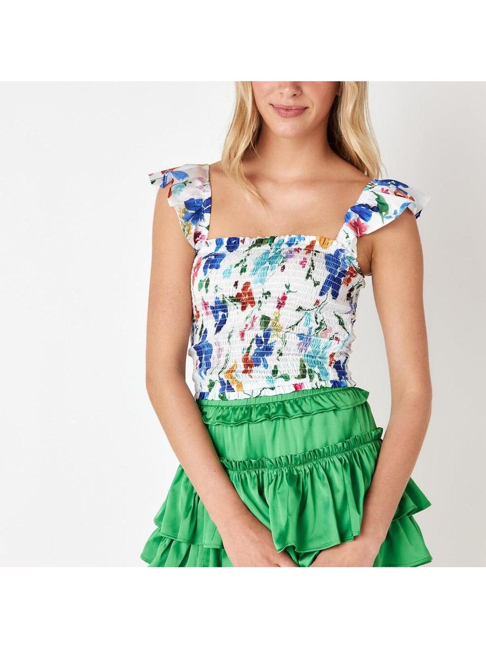 Cake For Dinner Ariela Ruffle Smocked Floral Crop Top White Multicolor NWT, Sz M